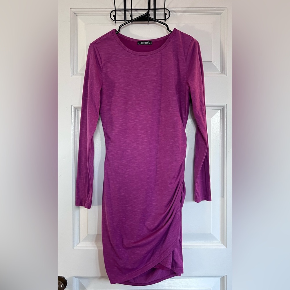 Crew Neck Long Sleeve Ruched Bodycon Dress